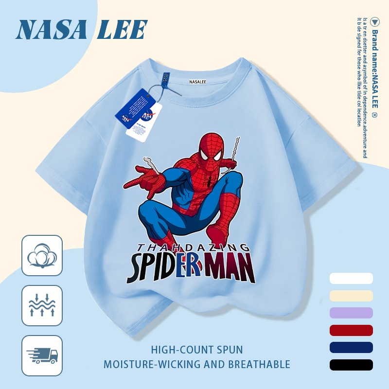[Giao hàng trong ngày] Áo thun Cotton nguyên chất màu trắng cho trẻ em NASA Phim hoạt hình dễ thương Người nhện ngộ nghĩnh in hợp thời trang 3-16 tuổi Bé trai bé gái tay ngắn thông thường