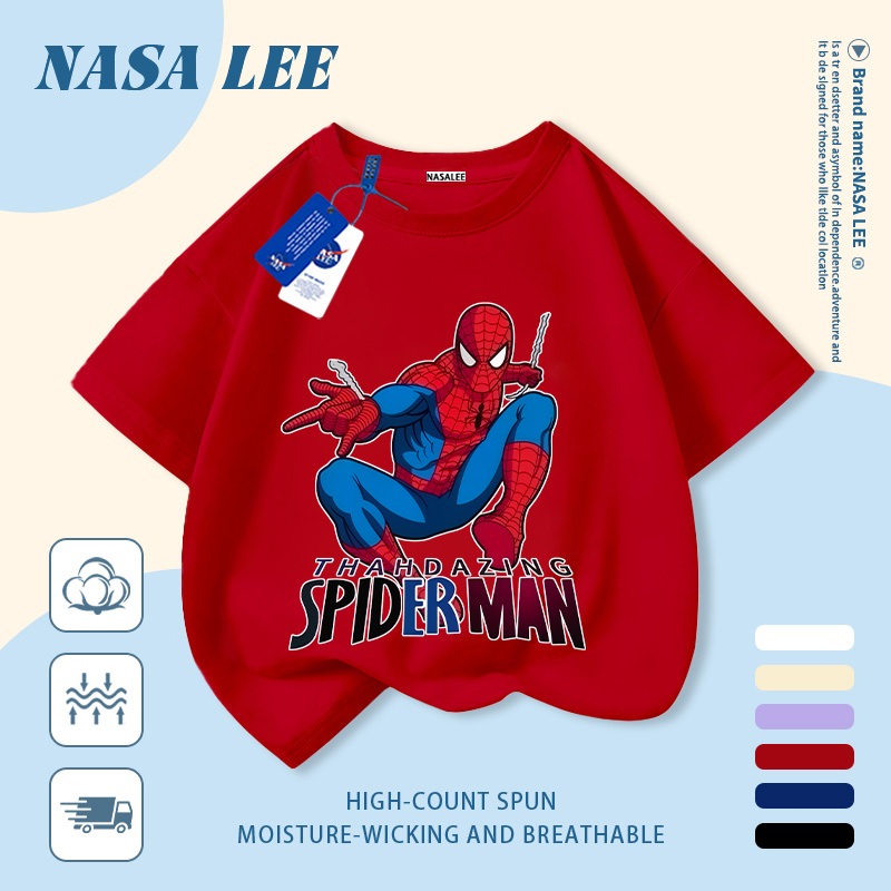 [Giao hàng trong ngày] Áo thun Cotton nguyên chất màu trắng cho trẻ em NASA Phim hoạt hình dễ thương Người nhện ngộ nghĩnh in hợp thời trang 3-16 tuổi Bé trai bé gái tay ngắn thông thường