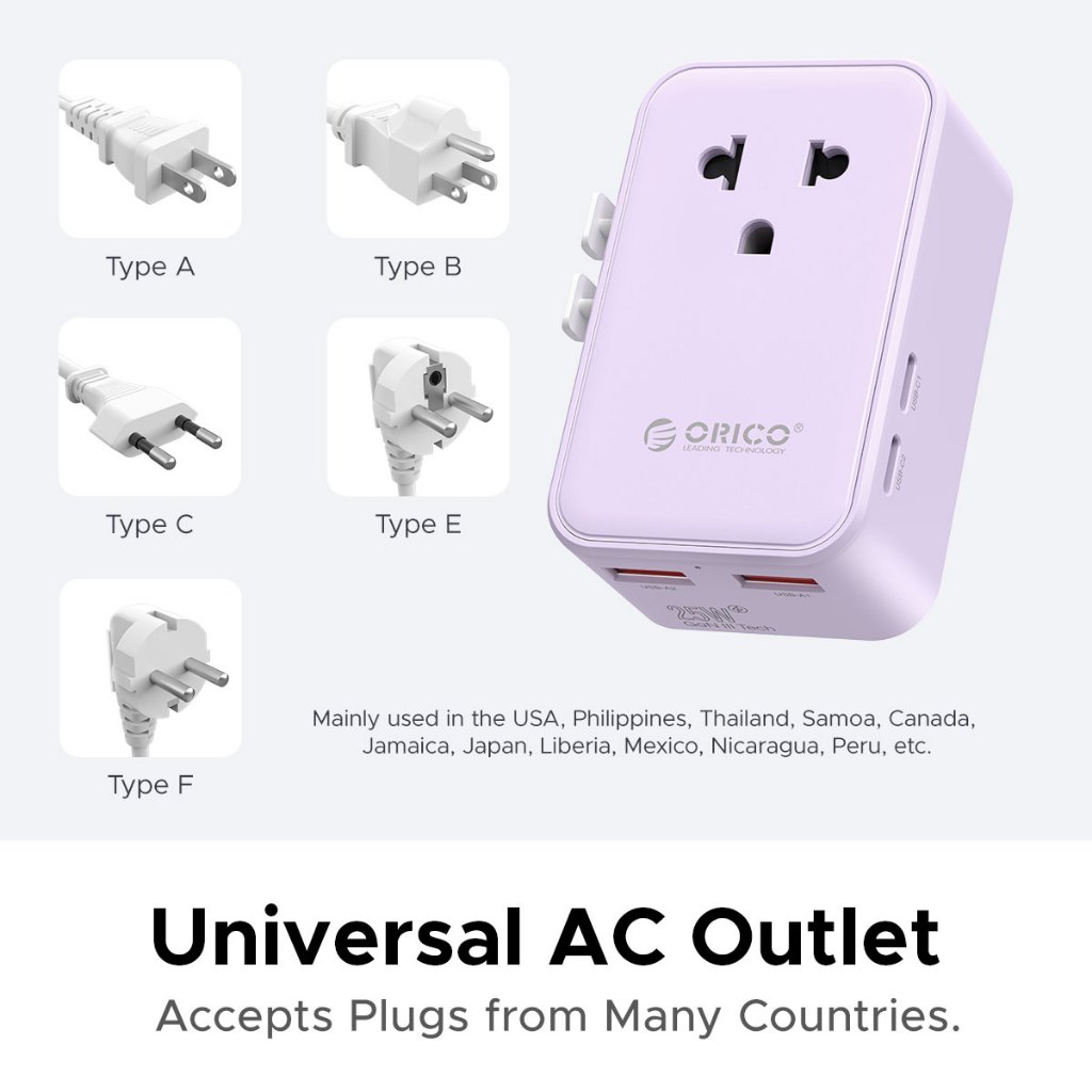 ORICO - Bộ chuyển đổi du lịch đa năng với Bộ chuyển đổi phích cắm quốc tế sạc nhanh USB Type C (UAT25)