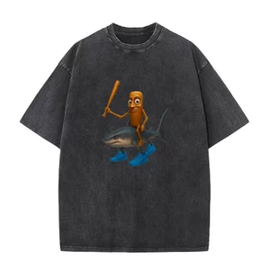 Tung Tung Tung Saur Hiệu Suất Cotton Áo Cho Nam Mùa Hè Rửa Vintage Áo Thun Bông Tai Kẹp Áo Sơ Mi Quá Khổ Áo Thường Ngày