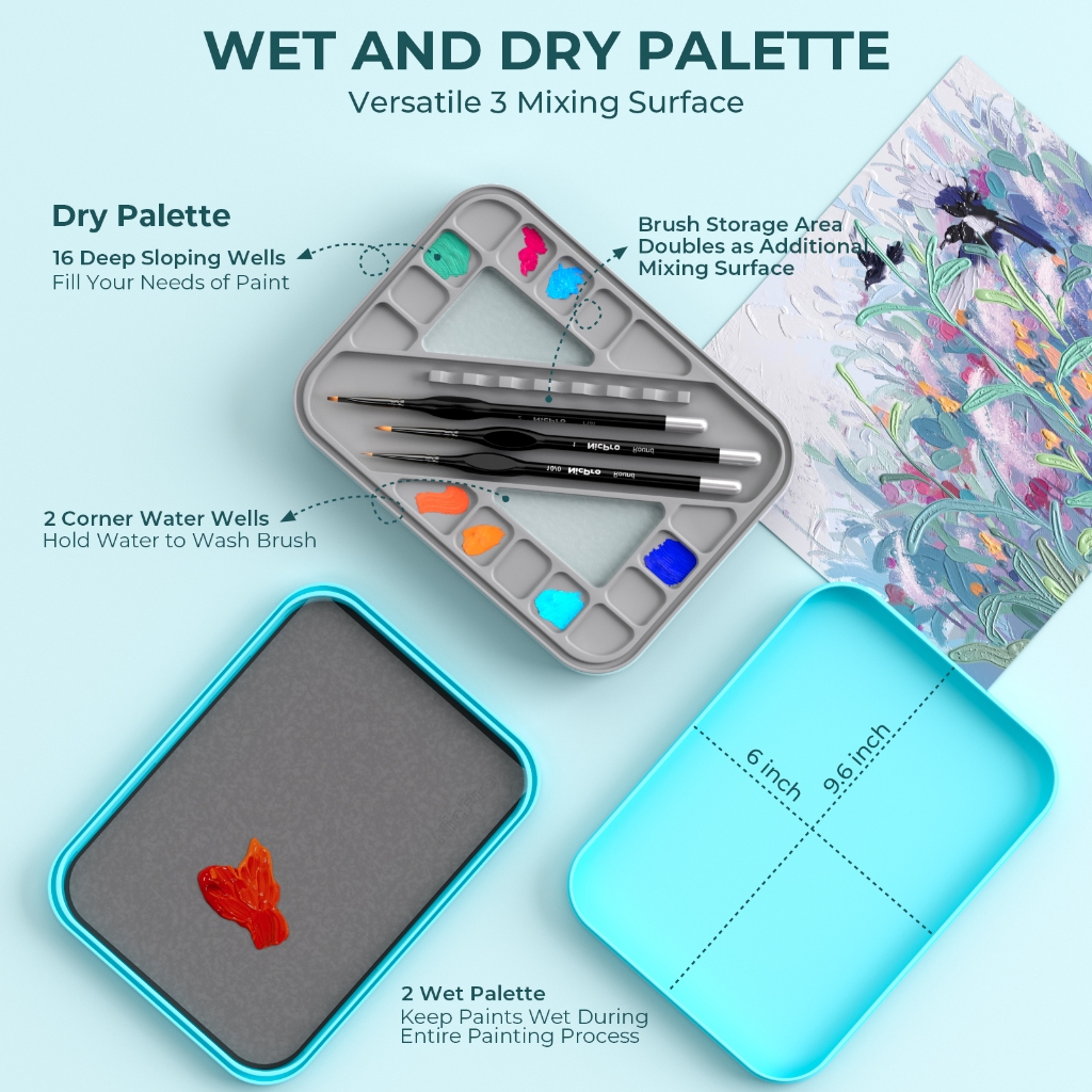 Bộ tranh thu nhỏ Nicpro với bảng ướt & 11 chiếc Bàn chải sơn chi tiết Bàn chải khô, 100 chiếc Giấy Pallet ướt, 4 miếng bọt biển, Giá đỡ bàn chải Trộn sơn Tiết kiệm bảng cho Mo thu nhỏ