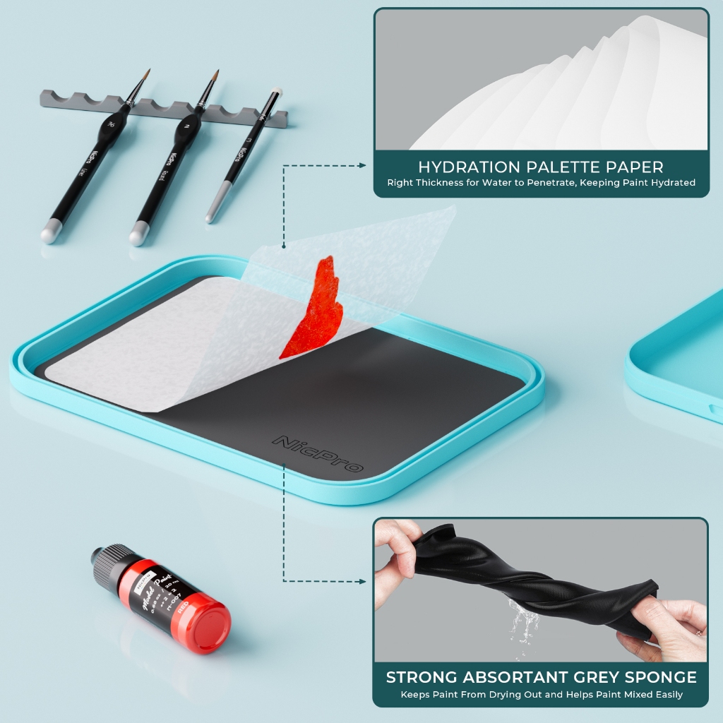 Bộ tranh thu nhỏ Nicpro với bảng ướt & 11 chiếc Bàn chải sơn chi tiết Bàn chải khô, 100 chiếc Giấy Pallet ướt, 4 miếng bọt biển, Giá đỡ bàn chải Trộn sơn Tiết kiệm bảng cho Mo thu nhỏ