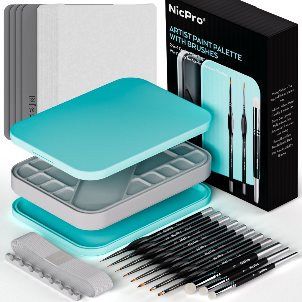 Bộ tranh thu nhỏ Nicpro với bảng ướt & 11 chiếc Bàn chải sơn chi tiết Bàn chải khô, 100 chiếc Giấy Pallet ướt, 4 miếng bọt biển, Giá đỡ bàn chải Trộn sơn Tiết kiệm bảng cho Mo thu nhỏ