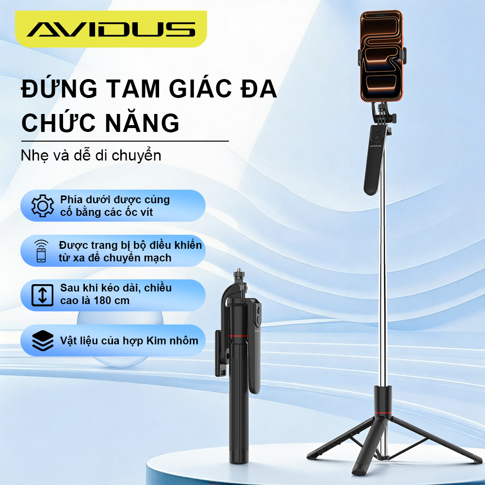 AVIDUS Gậy Selfie R20 170cm có điều khiển từ xa Bluetooth Chất liệu hợp kim nhôm Chân máy di động chống rung có thể thu vào