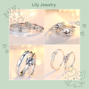 Nhẫn đôi tình yêu đan xen bạc S925 thời trang Zircon Cánh mở Nhẫn cưới có thể điều chỉnh