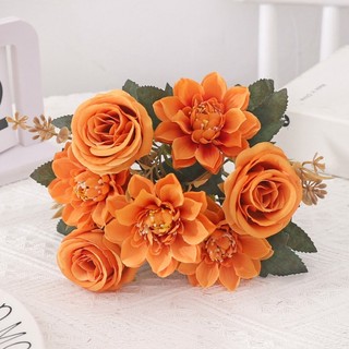 Bó hoa hỗn hợp hoa hồng & thược dược nhân tạo - Sắp xếp hoa giả thực tế với cây xanh, dành cho đám cưới, phòng khách tại nhà, trang trí văn phòng & mùa thu