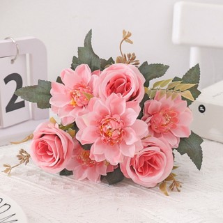 Bó hoa hỗn hợp hoa hồng & thược dược nhân tạo - Sắp xếp hoa giả thực tế với cây xanh, dành cho đám cưới, phòng khách tại nhà, trang trí văn phòng & mùa thu
