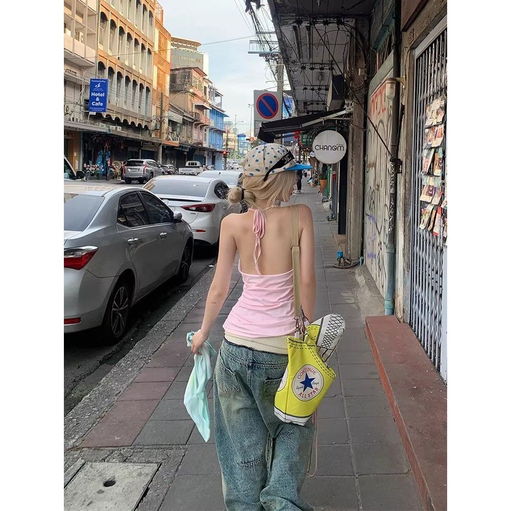 [BANKO] Phụ Nữ Mỹ Mùa Hè Phong Cách Mới Slim-fit Ôm Hơn Nhìn Màu Hồng In Dây Thắt Lưng Áo Vest