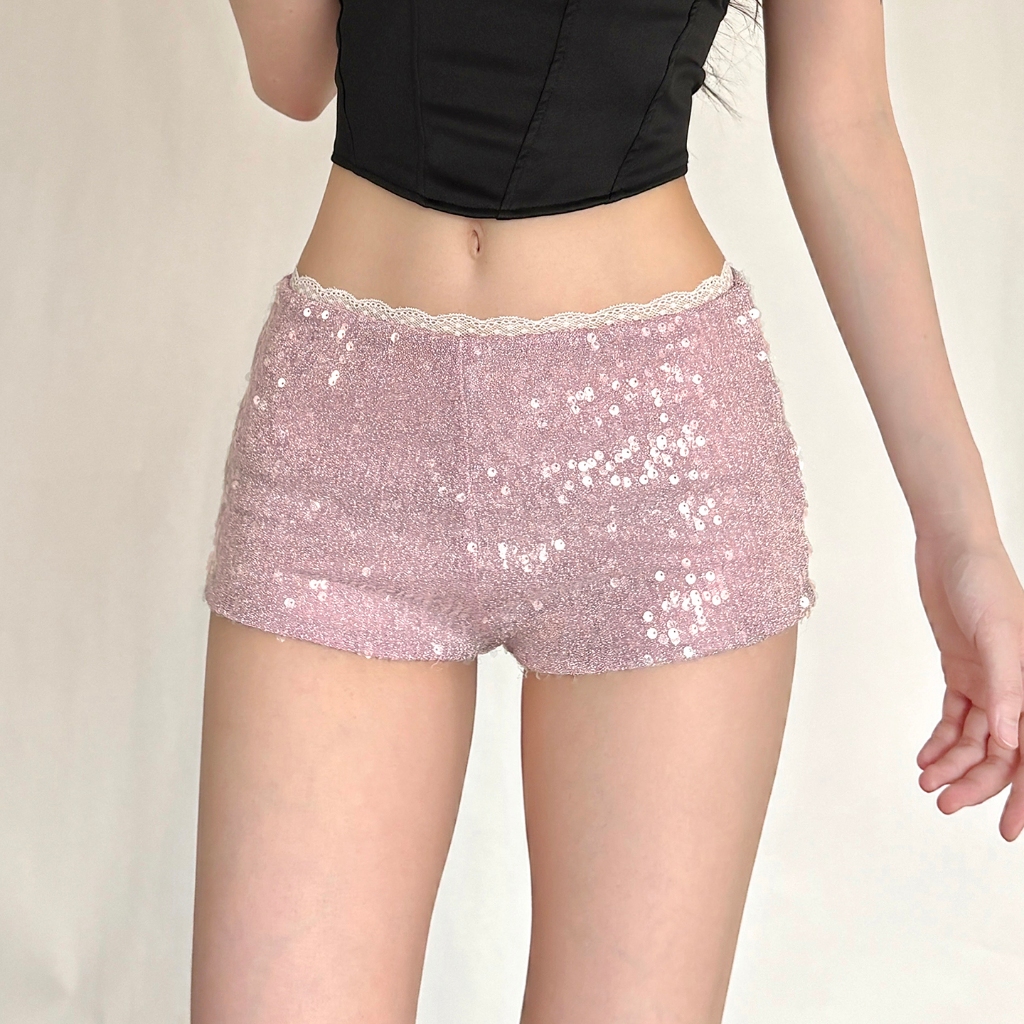 Cutenew Cao Cấp Hông Đính Kim Sa Lấp Lánh Quần Ngắn Frill Thiết Kế Nữ Mùa Hè Đa Năng Phong Cách Hàn Quốc
