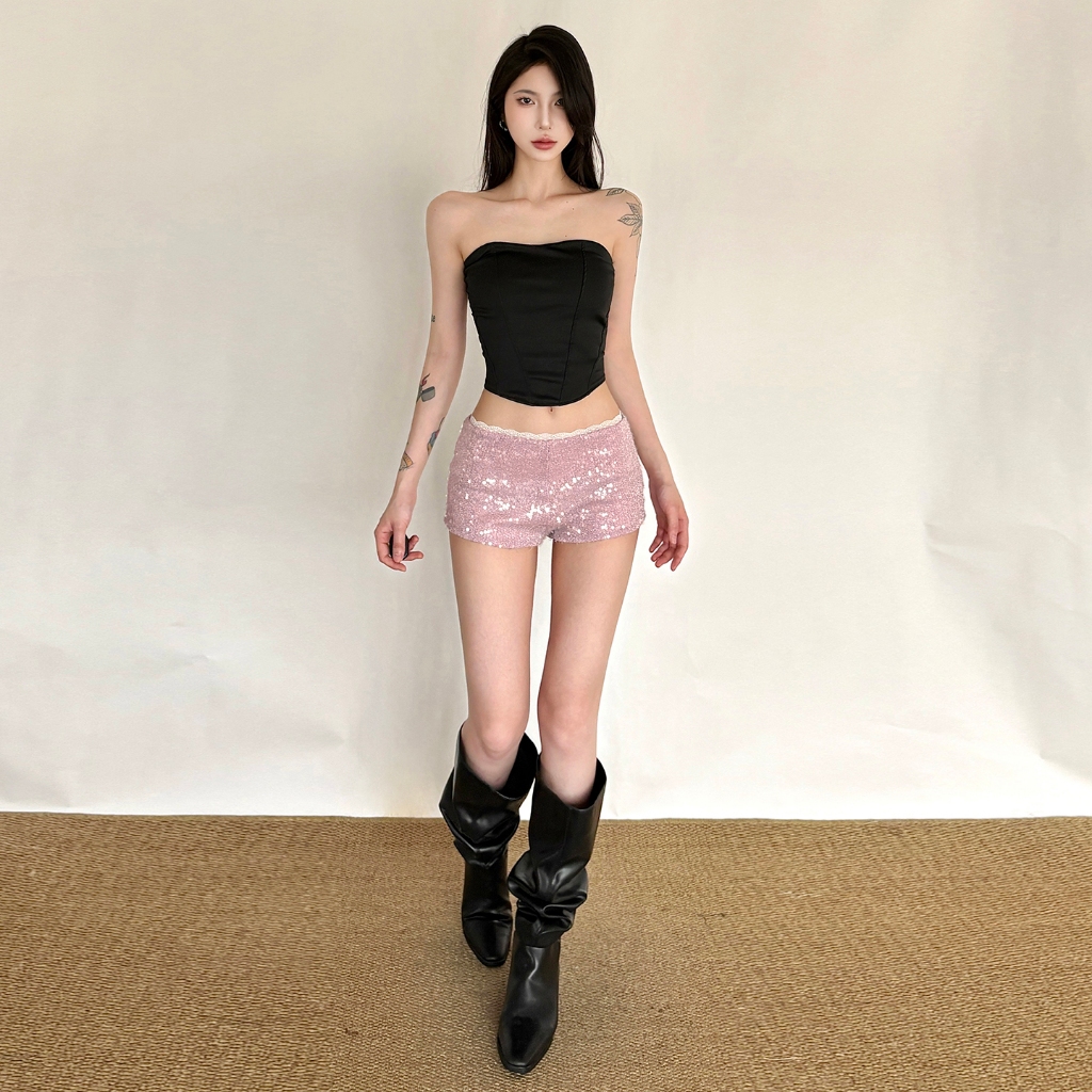 Cutenew Cao Cấp Hông Đính Kim Sa Lấp Lánh Quần Ngắn Frill Thiết Kế Nữ Mùa Hè Đa Năng Phong Cách Hàn Quốc