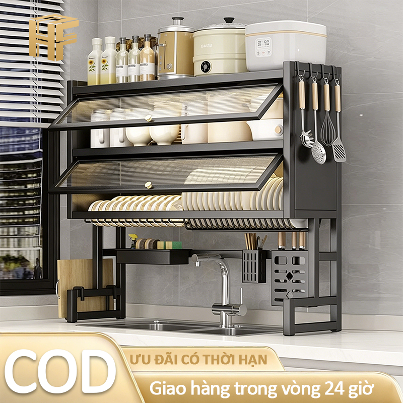 HOME FURNISHINGS Giá bát hai tầng có nắp, được thiết kế để gắn trên bồn rửa nhà bếp; giá đựng đồ đa năng bằng thép không gỉ 304