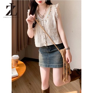 ZHELIHANGFEI Áo cardigan dệt kim cổ chữ V tay ngắn Khoét lỗ quần áo phong cách Bohemian