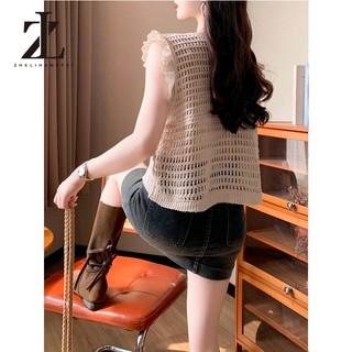 ZHELIHANGFEI Áo cardigan dệt kim cổ chữ V tay ngắn Khoét lỗ quần áo phong cách Bohemian