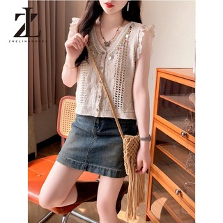 ZHELIHANGFEI Áo cardigan dệt kim cổ chữ V tay ngắn Khoét lỗ quần áo phong cách Bohemian