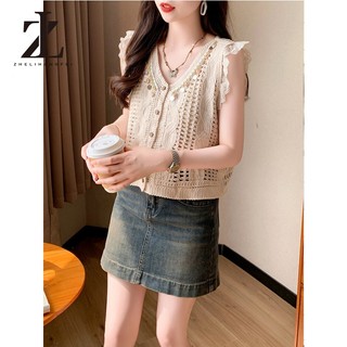 ZHELIHANGFEI Áo cardigan dệt kim cổ chữ V tay ngắn Khoét lỗ quần áo phong cách Bohemian