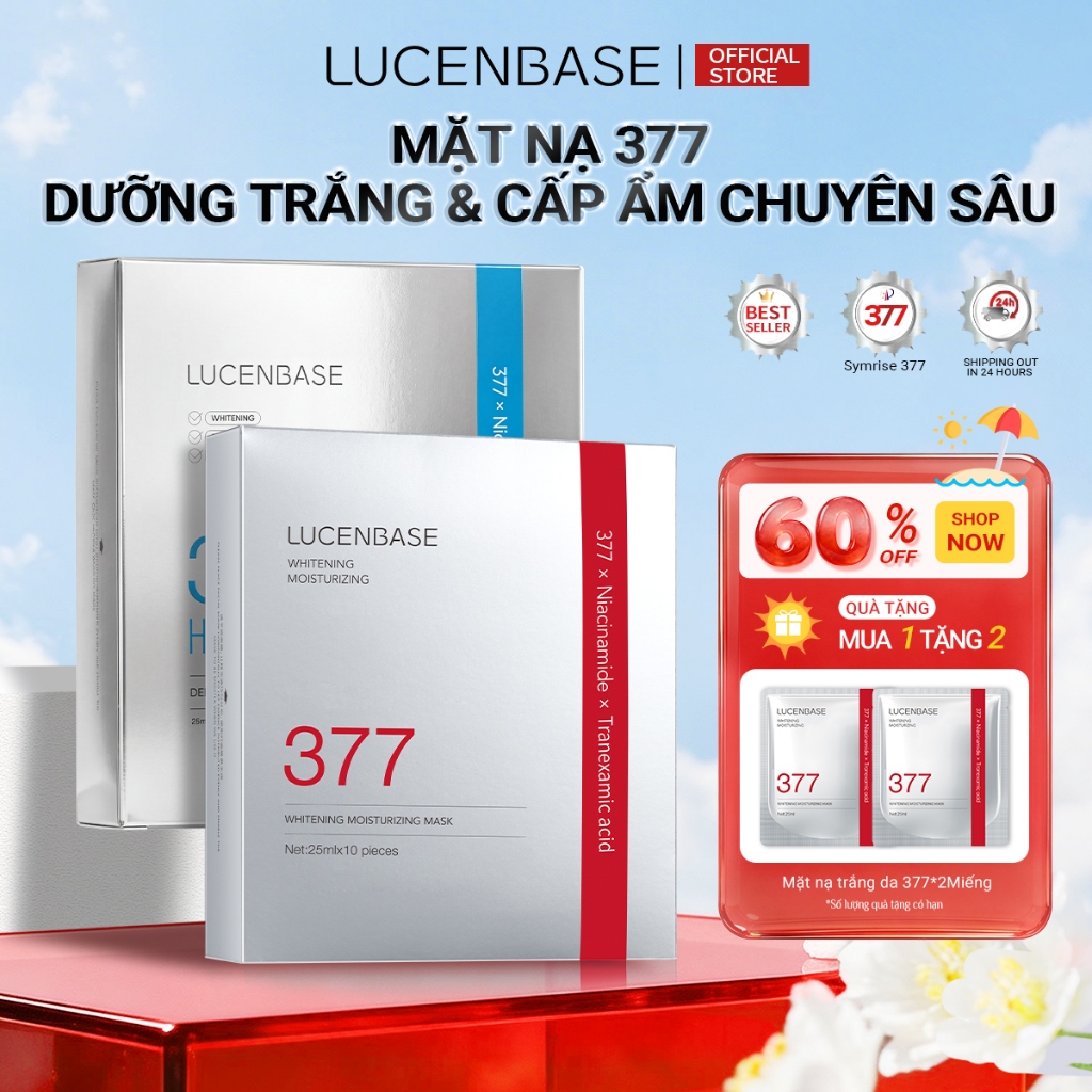 Mặt nạ LUCENBASE 377 | Làm trắng da & dưỡng ẩm axit Hyaluronic | 20 tờ (Tặng 2 tờ)