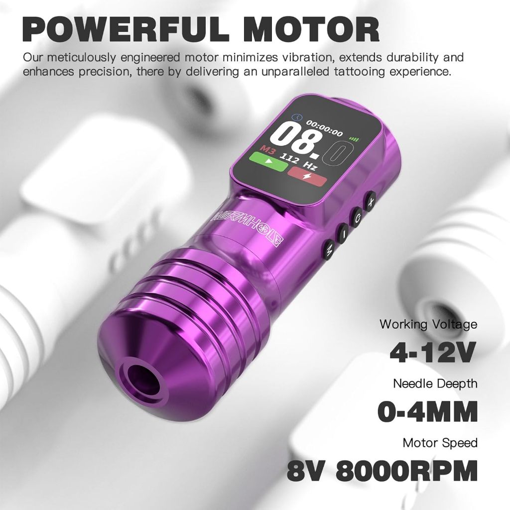 Bút xăm không dây Wormhole - 8V 8000RPM, 7 nét có thể điều chỉnh, màn hình LCD, sạc nhanh Type-C