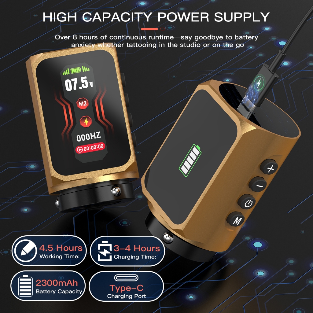 2 Pin 2300mAh Bao gồm - Bộ bút xăm không dây lỗ sâu có màn hình thông minh, độ dài 7 thì & Máy quay chuyên nghiệp