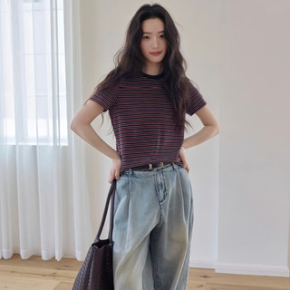 Áo thun ngắn tay sọc cổ điển | Áo thun cổ tròn dáng rộng thông thường cho nữ
