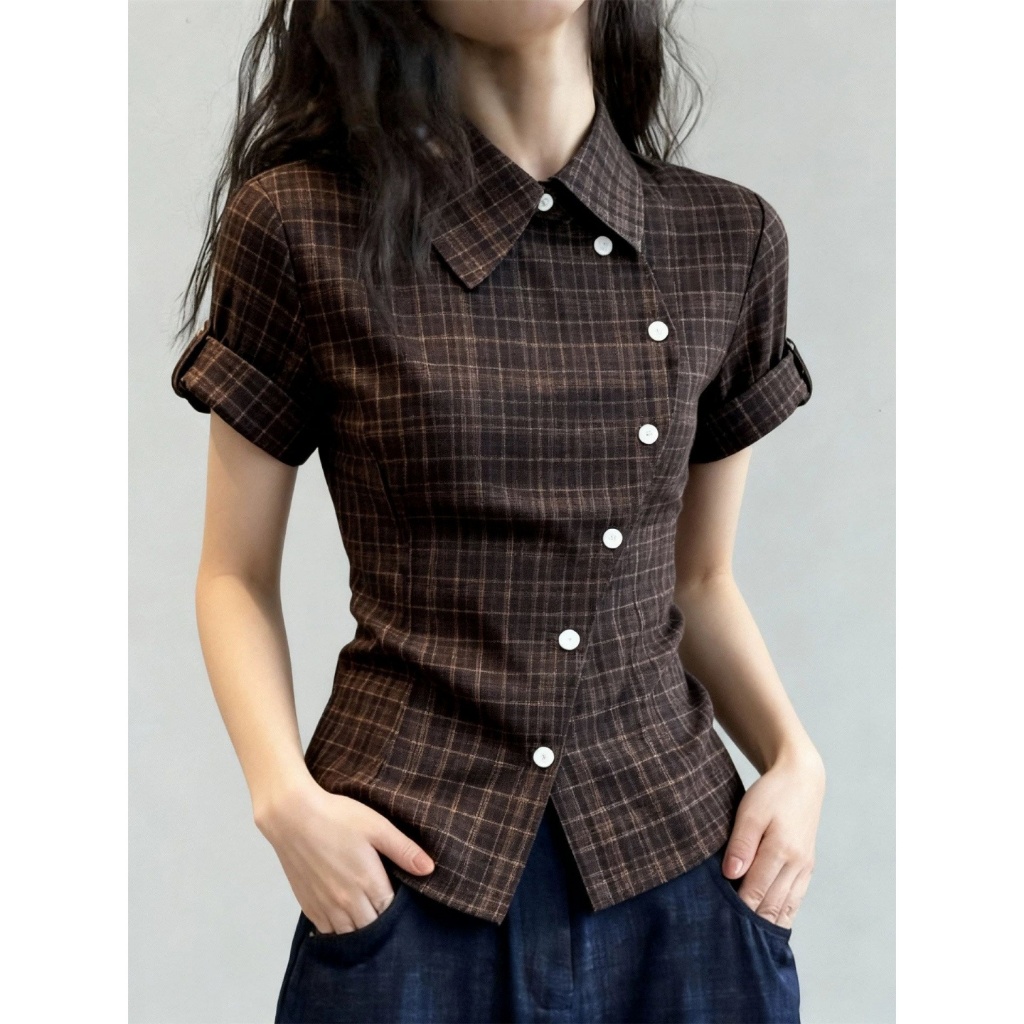 [BANKO] Nữ Mỹ Mùa Hè Phong Cách Mới Retro Slim-fit Áo Sơ Mi Tay Ngắn Kẻ Sọc Màu Cà Phê