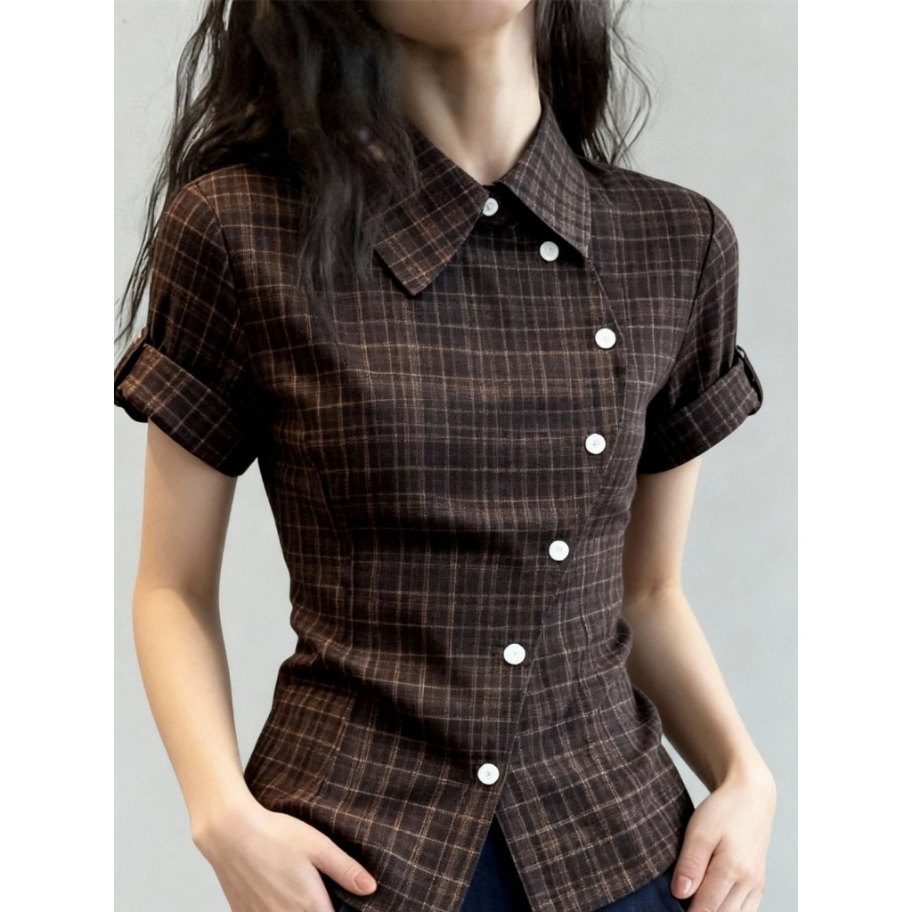 [BANKO] Nữ Mỹ Mùa Hè Phong Cách Mới Retro Slim-fit Áo Sơ Mi Tay Ngắn Kẻ Sọc Màu Cà Phê