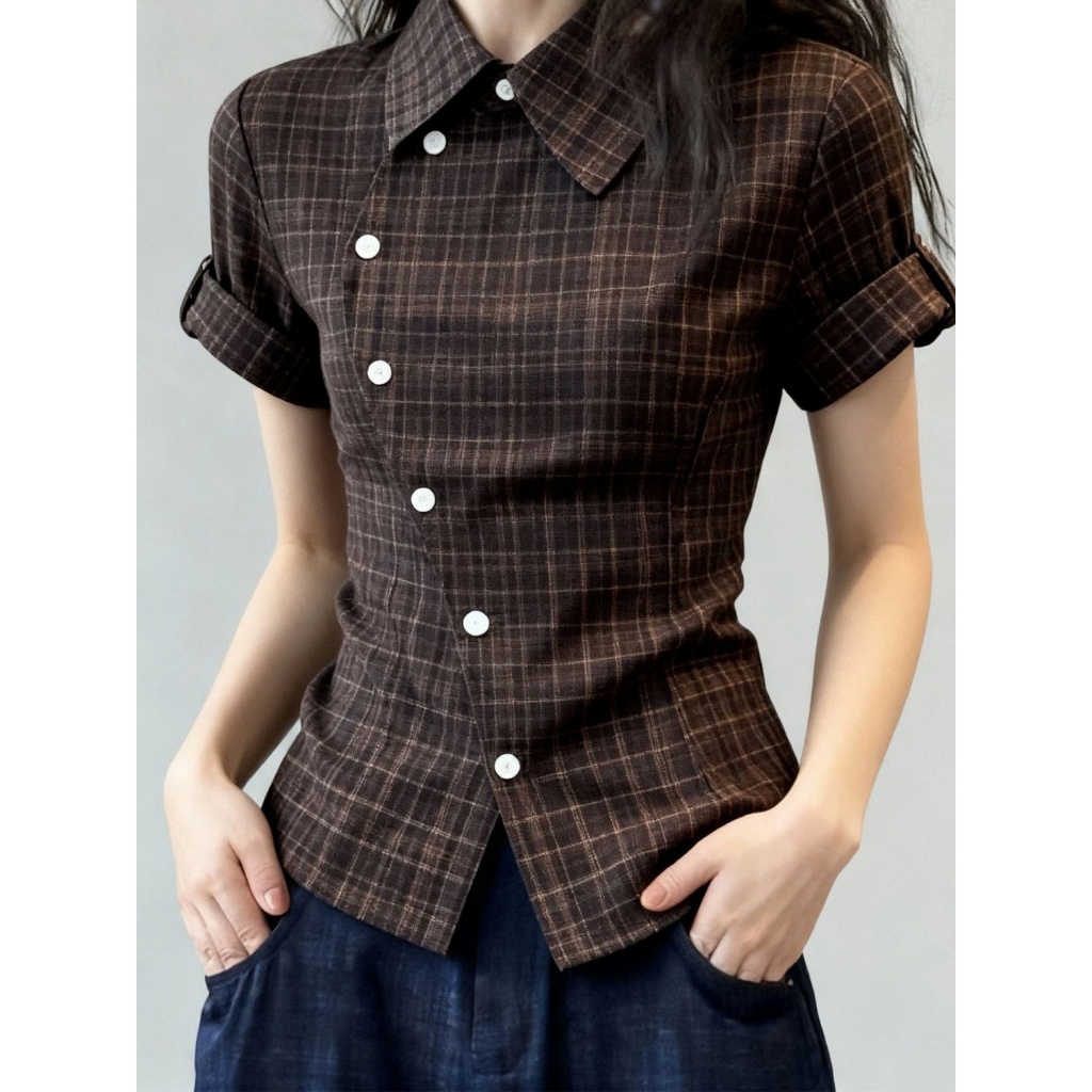 [BANKO] Nữ Mỹ Mùa Hè Phong Cách Mới Retro Slim-fit Áo Sơ Mi Tay Ngắn Kẻ Sọc Màu Cà Phê