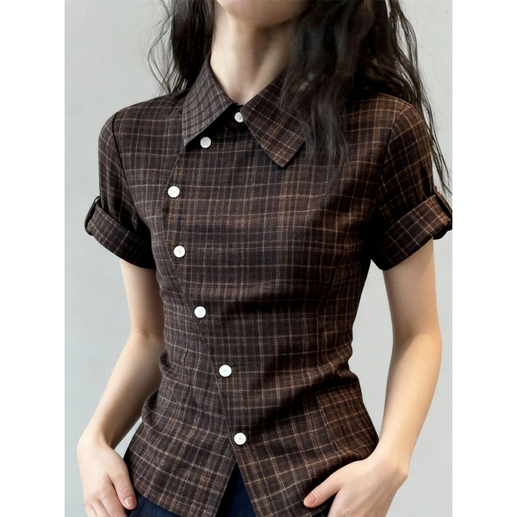 [BANKO] Nữ Mỹ Mùa Hè Phong Cách Mới Retro Slim-fit Áo Sơ Mi Tay Ngắn Kẻ Sọc Màu Cà Phê