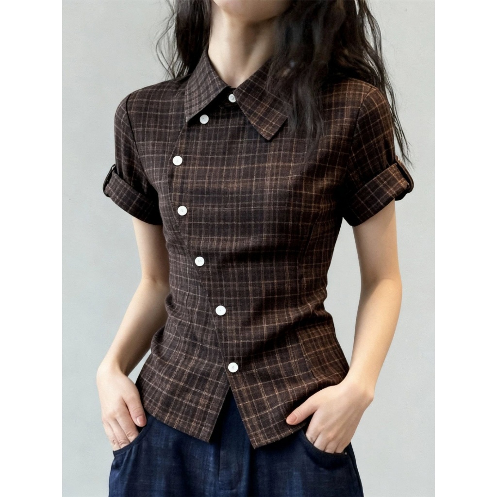[BANKO] Nữ Mỹ Mùa Hè Phong Cách Mới Retro Slim-fit Áo Sơ Mi Tay Ngắn Kẻ Sọc Màu Cà Phê