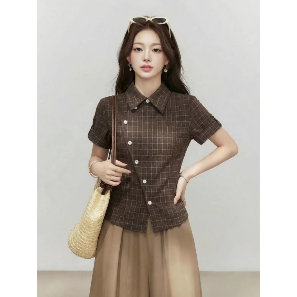 [BANKO] Nữ Mỹ Mùa Hè Phong Cách Mới Slim-fit Cổ Hẹp Retro Màu Cà Phê Kiểm Tra Áo Sơ Mi Tay Ngắn