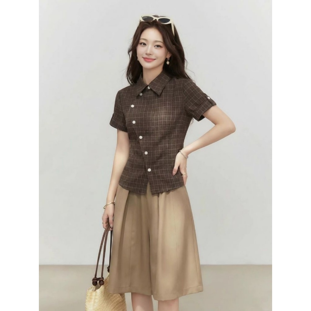 [BANKO] Nữ Mỹ Mùa Hè Phong Cách Mới Slim-fit Cổ Hẹp Retro Màu Cà Phê Kiểm Tra Áo Sơ Mi Tay Ngắn