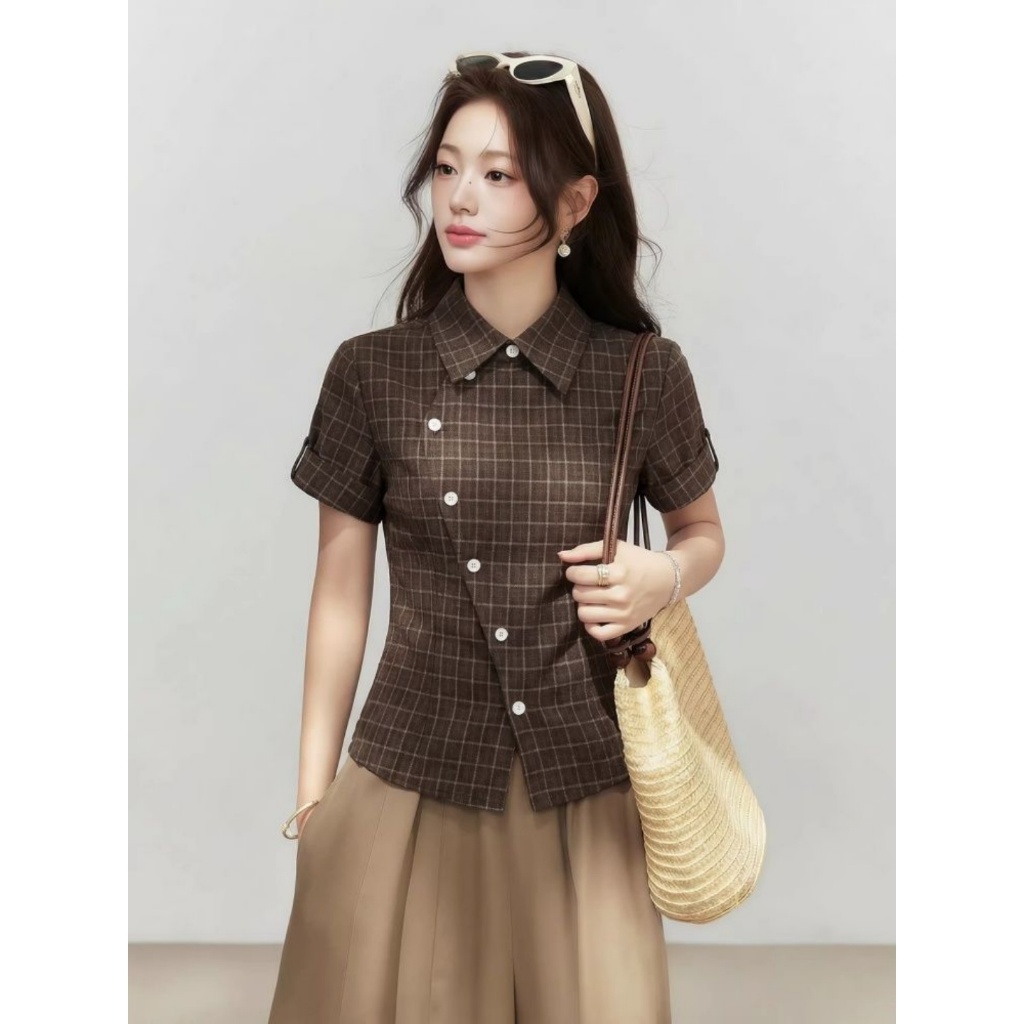 [BANKO] Nữ Mỹ Mùa Hè Phong Cách Mới Slim-fit Cổ Hẹp Retro Màu Cà Phê Kiểm Tra Áo Sơ Mi Tay Ngắn