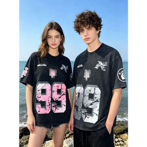 Unisex & Dạo Phố In Chữ & Số Áo Thun Cotton Nguyên Chất Màu Đen Giặt