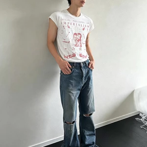 OFF WHITE Unisex High Street Vintage Dark trừu tượng Hình minh họa Áo thun ngắn tay màu trắng