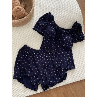 Bộ đồ ngủ hoa nhỏ Tây Tạng có cạnh xù và tay ngắn cho bộ đồ mặc nhà dành cho nữ