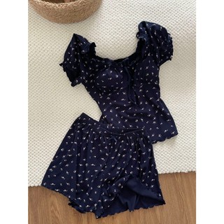 Bộ đồ ngủ hoa nhỏ Tây Tạng có cạnh xù và tay ngắn cho bộ đồ mặc nhà dành cho nữ