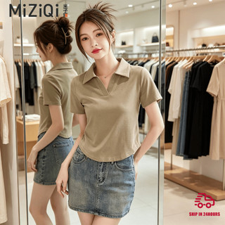 【Nên mua】áo kiểu nữ polo tay ngắn trơn dáng ngắn, cổ V chất cotton mềm, áo thun nữ nhiều màu