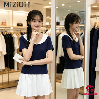 【Nên mua】áo kiểu nữ ngắn tay cổ bé, màu xanh đen cổ trắng, dáng ôm chất thun mềm
