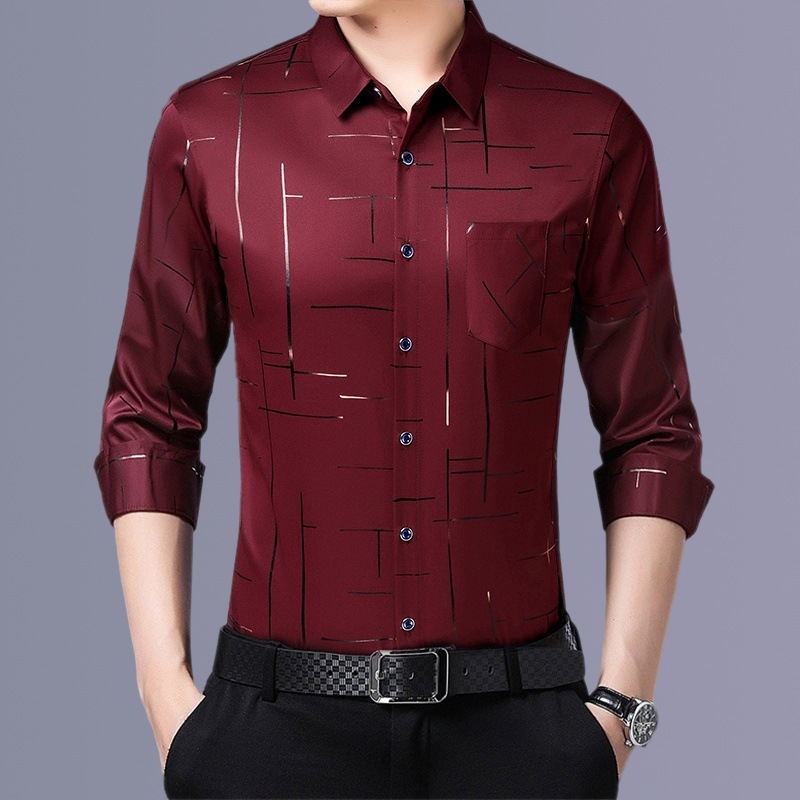 Áo sơ mi nam dài tay kiểm tra dáng rộng màu đen công sở thông thường Áo sơ mi sọc in hình công sở