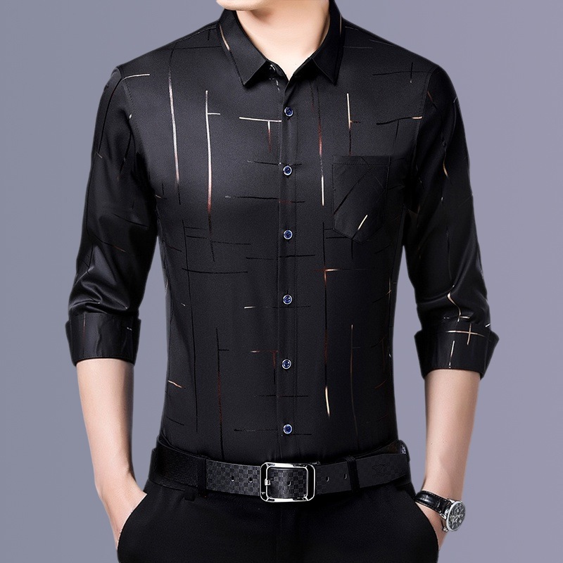 Áo sơ mi nam dài tay kiểm tra dáng rộng màu đen công sở thông thường Áo sơ mi sọc in hình công sở