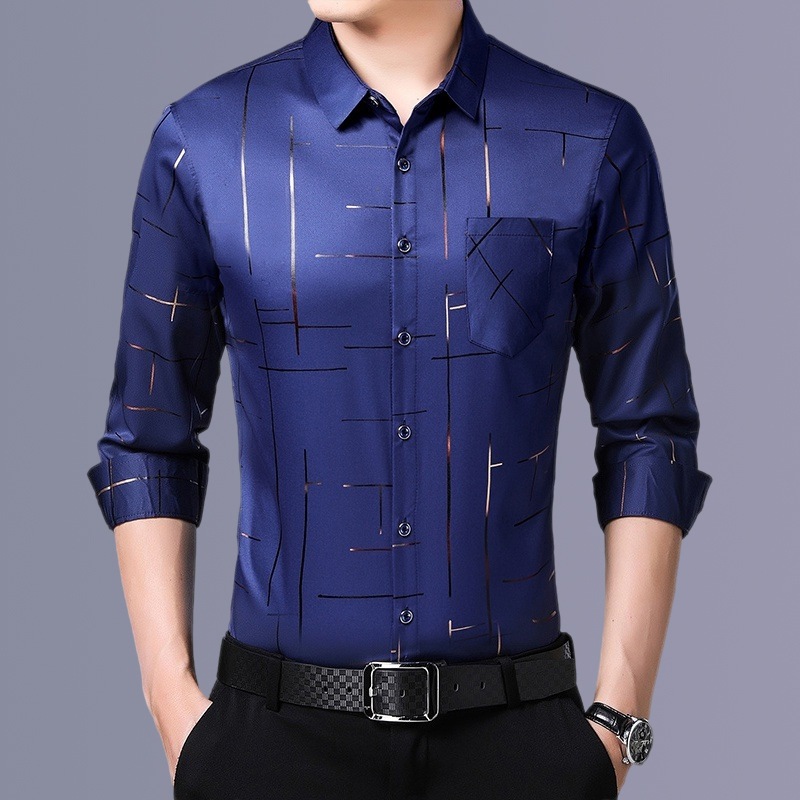 Áo sơ mi nam dài tay kiểm tra dáng rộng màu đen công sở thông thường Áo sơ mi sọc in hình công sở