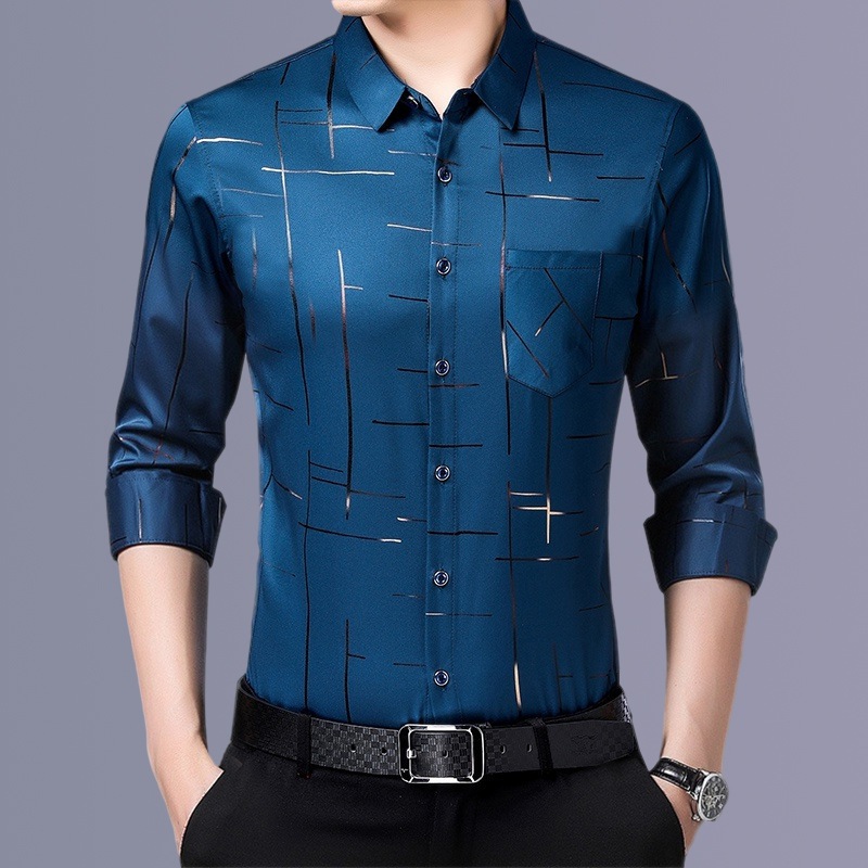 Áo sơ mi nam dài tay kiểm tra dáng rộng màu đen công sở thông thường Áo sơ mi sọc in hình công sở