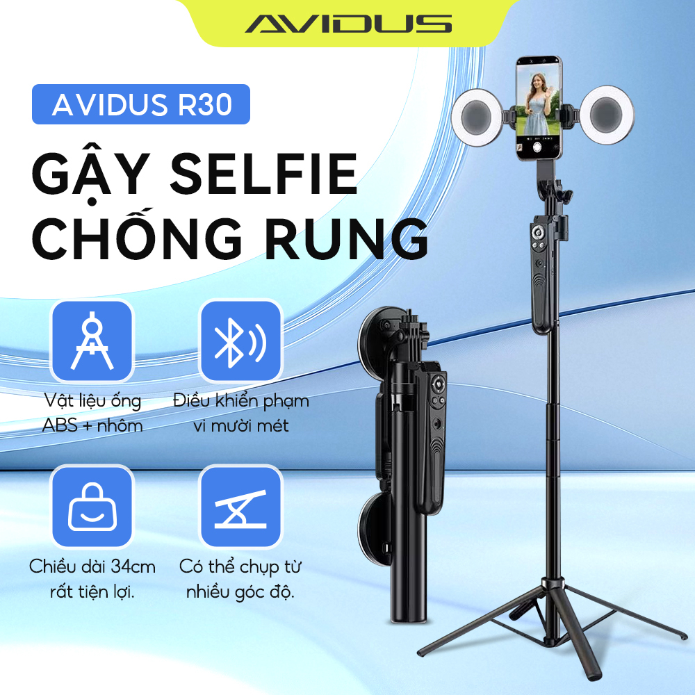 AVIDUS R30 Chân máy Selfie có giá đỡ điện thoại điều khiển từ xa Bluetooth cho Vlogging