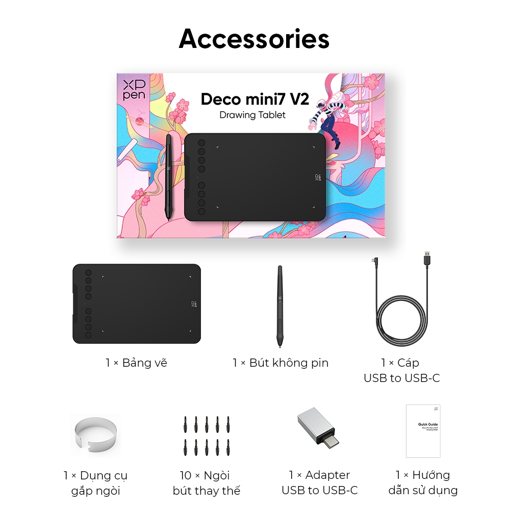 Máy tính bảng vẽ XPPen Deco mini7 v2 Máy tính bảng bút 7x4 Inch với 16384 mức áp suất Stylus, hỗ trợ 60° Hỗ trợ nghiêng Windows Mac Linux Android Chrome | BigBuy360 - bigbuy360.vn