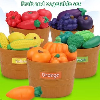 Mô phỏng nhà chơi với trái cây và rau củ, trái cây nhựa, trẻ em học cách nhận biết màu sắc, giỏ năm màu, đồ chơi giáo dục sớm.