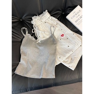 Ren mỏng vừa vặn áo ngủ yếm với miếng đệm ngực sọc hình trái tim bộ quần mặc nhà
