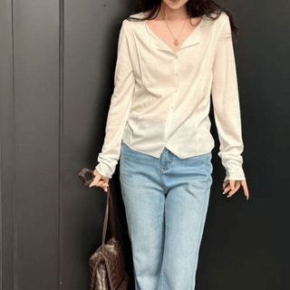Nhẹ Phong Cách Trưởng Thành Cổ Chữ V Nút Dệt Kim Cardigan Nữ Đầu Xuân Phong Cách Mới Mỏng Hơn Nhìn Phù Hợp Với Mỏng Dài-