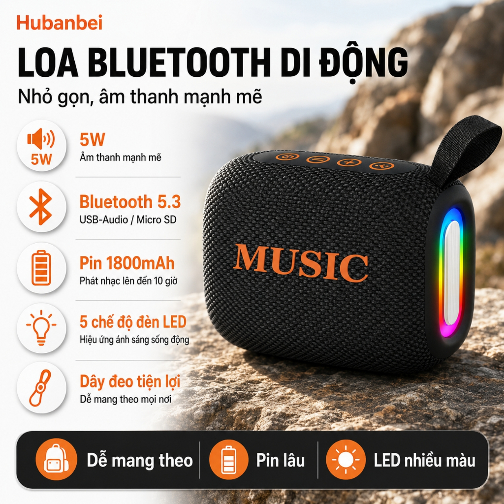 Loa Bluetooth không dây, loa di động chống nước IPX5 có đèn, BT5.3, pin 1800mAh, phát nhạc 10 giờ, âm thanh mạnh mẽ, phù hợp cho ngoài trời/trong nhà/du lịch