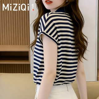 【MIZIQI】áo kiểu nữ Áo thun ngắn tay sọc mỏng dành cho nữ, áo thun ngắn tay cổ polo đi làm thanh lịch