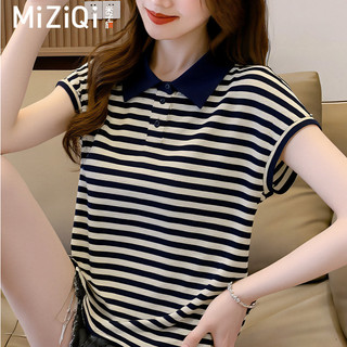 【MIZIQI】áo kiểu nữ Áo thun ngắn tay sọc mỏng dành cho nữ, áo thun ngắn tay cổ polo đi làm thanh lịch