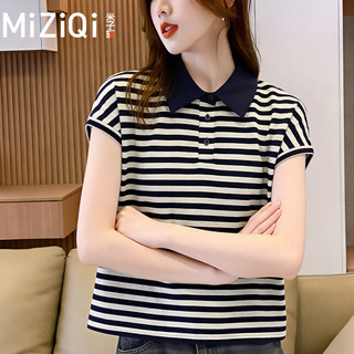 【MIZIQI】áo kiểu nữ Áo thun ngắn tay sọc mỏng dành cho nữ, áo thun ngắn tay cổ polo đi làm thanh lịch